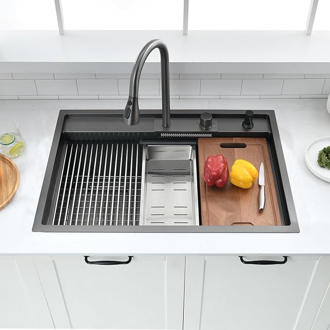 30 inch Black Drop in Kitchen Sink Workstation with Waterfall Faucet Combo -VOKIM 30x22 Drop in sink Workstation 16 Gauge Stainless Steel Single Bowl topmount Kitchen Sink with Waterfall Faucet
