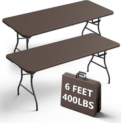 Folding Table 2 Pack, 6FT Heavy Duty Plastic Table with Handle, Foldable&Portable, Fold-in-Half Utility Tables for Outdoor, Dining, Wedding, Events, Indoor, Picnic, Camping, Party,Brown