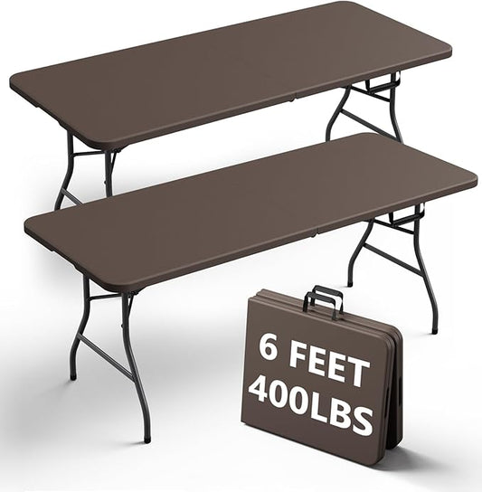 Folding Table 2 Pack, 6FT Heavy Duty Plastic Table with Handle, Foldable&Portable, Fold-in-Half Utility Tables for Outdoor, Dining, Wedding, Events, Indoor, Picnic, Camping, Party,Brown