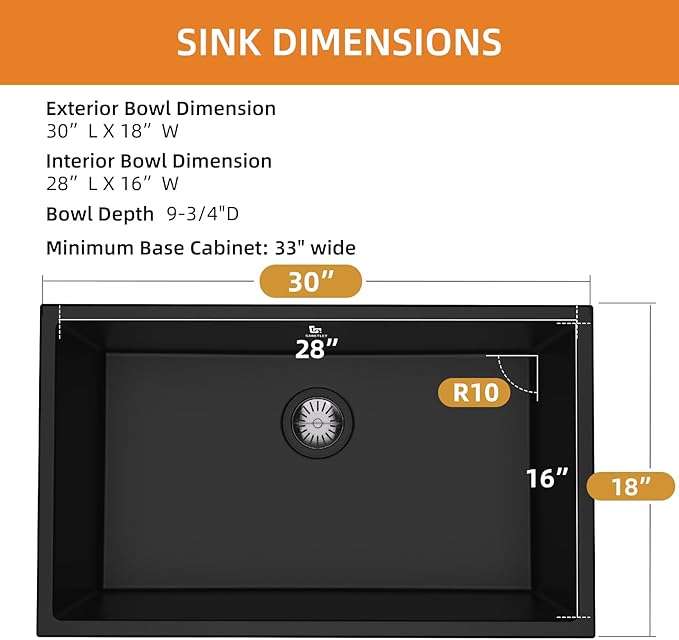 30-inch Granite Composite Kitchen Sink, GABETLET Undermount Quartz Kitchen Sinks with Spacious Workspace and Easy Cleaning, Black Single Bowl Deep Sink with Complete Accessories