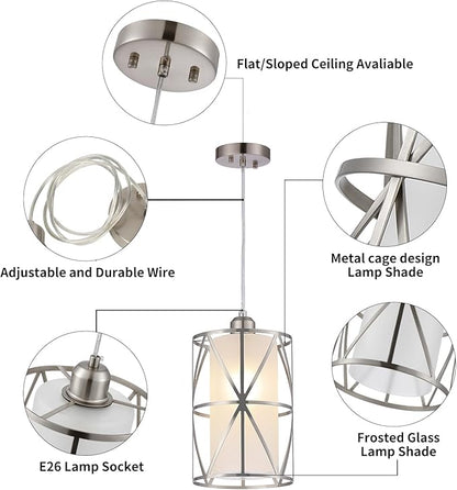 Pendant Lights Kitchen Island with Frosted Glass, Brushed Nickel Hanging Kitchen Lights, Cylindrical Modern Pendant Light, Kitchen Pendant Lighting Over Island, Foyer, Dining Room, Entryway