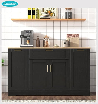 53.7'' Multi-Functional Storage Sideboard with Adjustable Shelves, Mid-Century Modern Console Table with 3-Tier Pull-Out Rack, Kitchen Island for Kitchen, Dining Room and Living Room (Black)
