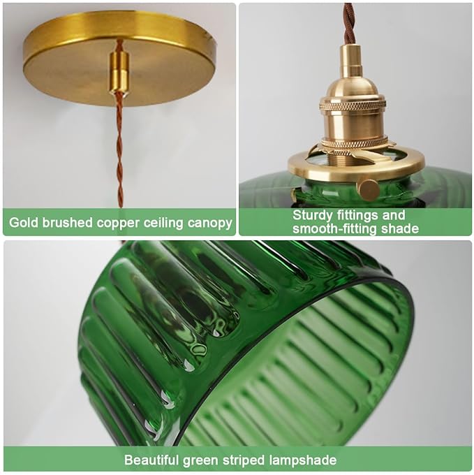 Lighting Green Pendant Light Mid Century Modern Hanging Light with Green Striped Glass Shade Vintage Kitchen Island Pendant Lights Gold Ceiling Pendant Light for Dining Room Bedroom