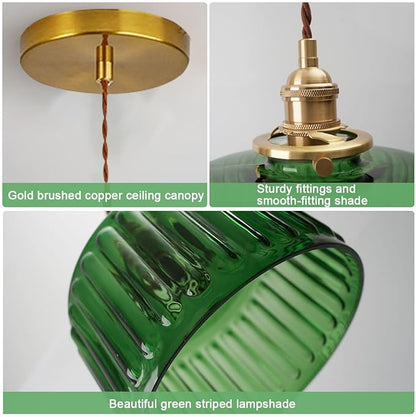 Lighting Green Pendant Light Mid Century Modern Hanging Light with Green Striped Glass Shade Vintage Kitchen Island Pendant Lights Gold Ceiling Pendant Light for Dining Room Bedroom