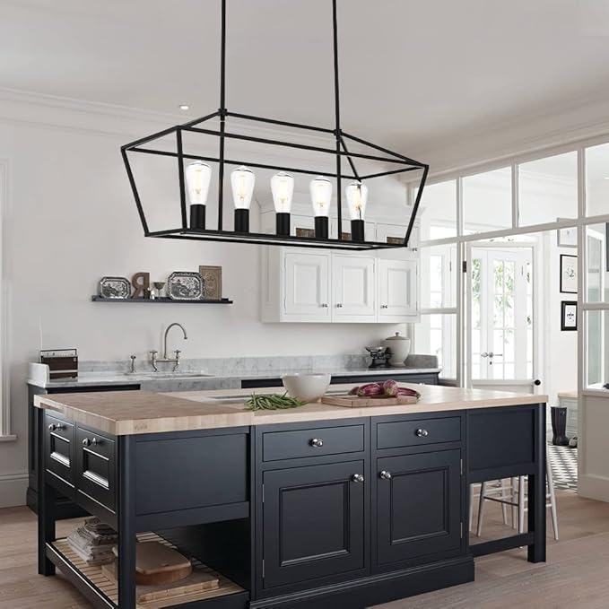 VINLUZ Farmhouse Kitchen Island Lighting,5 Light Industrial Linear Chandelier for Dining Room Metal Matte Black Finish Hanging Pendant Light Fixture for Bedroom Living Room Hallway