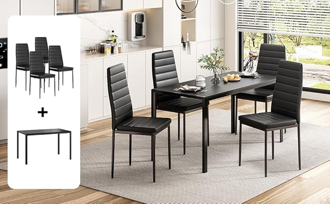 47" Mid Century Modern MDF Top Island Table, Rustic Dining Table with Sturdy Metal Frame, Farmhouse Dining Table with Multi-Used for Home Kitchen, Office, Study Nooks, Black