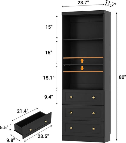 Cyclysio 80" Kitchen Pantry Cabinet with 3 Drawers, Tall Storage Cabinet Wood Food Pantry with Thickened Top Panel and Adjustable Shelves, Versatile Cupboard for Kitchen, Dining Room (2, Black)