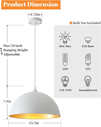 White Pendant Lights Kitchen Island 15.7", Modern Large Pendant Light Adjustable Height, Farmhouse Dome Hanging Light for Dining Room Bedroom Foyer Barn