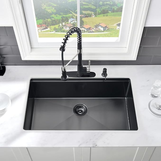 30 Black Kitchen Sink Undermount Workstation-VASOYO 30x19 Undermount Kitchen Sink Black Stainless Sinks Workstation 16 Gauge Stainless Steel Single Bowl Deep Sinks Bowl with Cutting Board