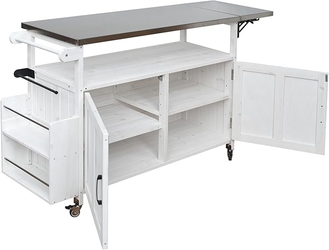 MERITLINE Foldable Outdoor Kitchen Island with Stainless Steel Top & Fir Wood Frame, Adjustable Hidden Shelf & Two-Tier Rack, Lockable Casters for Patio, Garden, Balcony, White