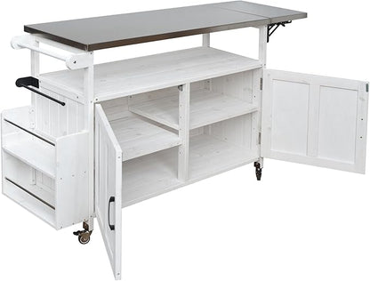 MERITLINE Foldable Outdoor Kitchen Island with Stainless Steel Top & Fir Wood Frame, Adjustable Hidden Shelf & Two-Tier Rack, Lockable Casters for Patio, Garden, Balcony, White