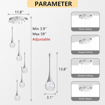 cenzoz 5-Lights Modern Pendant Lights for Kitchen Island LED Dimmable Chandelier Crystal Glam Ceiling Pendant Lighting for Dining Room Hallway Bedroom Lamp Brushed Nickel