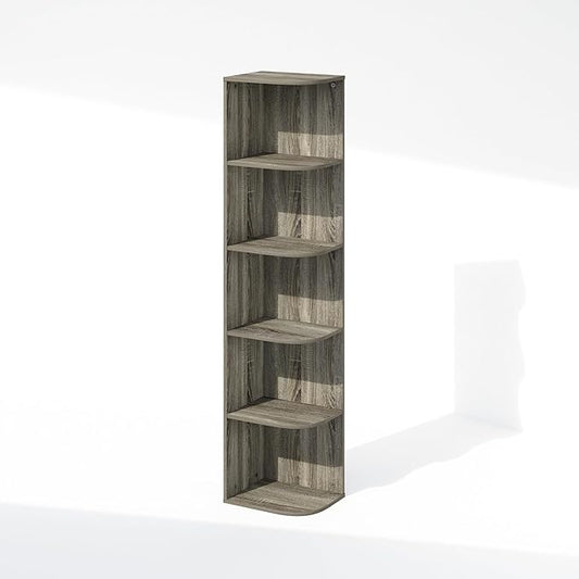 Furinno Reed Corner Shelf, 5-Tier Corner Bookshelf, Book Shelf, Corner Shelves, Storage Rack, for Organization and Storage, Home Office, Living Room, French Oak