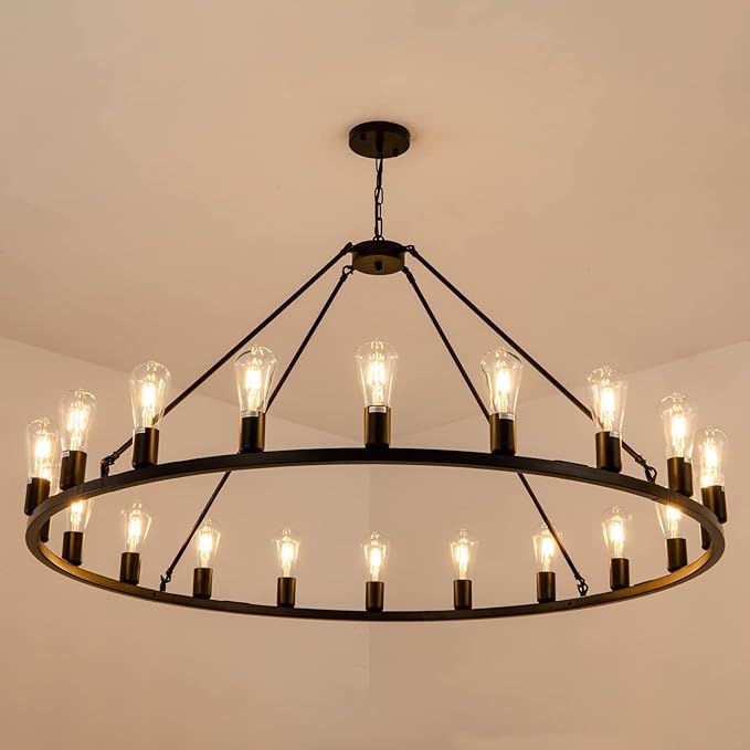 Lanhall 48” 20-Light Extra Large Wagon Wheel Chandelier, Round Black Rustic Farmhouse Chandelier Light Fixture for High Ceiling Living Room Dining Room Stairs Foyer- Adjustable Height Metal E26