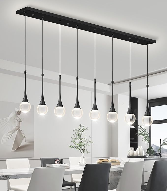 Rectangular Crystal Pendant Lights for Kitchen Island 8 Light Dimmable Crystal Chandelier Lighting Fixtures with Remote for Dining Room Living Room Black