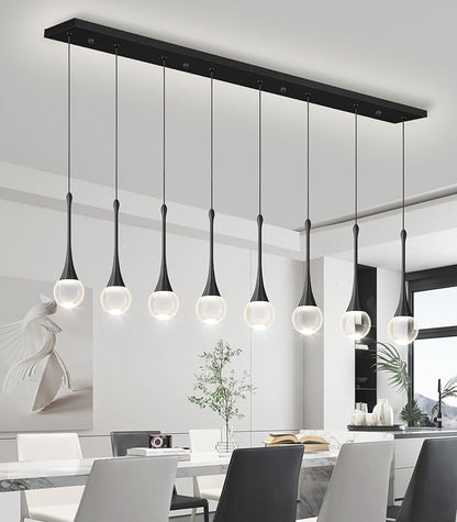 Rectangular Crystal Pendant Lights for Kitchen Island 8 Light Dimmable Crystal Chandelier Lighting Fixtures with Remote for Dining Room Living Room Black