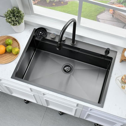 33 Inch Drop In Waterfall Kitchen Sink with Fuacet Combo-Bokaiya 33x22 Drop In Kitchen Sink with Cup Washer 16 Gauge Black Stainess Steel Top Mount Multifunctional Sink, Updated Water Pressure Control