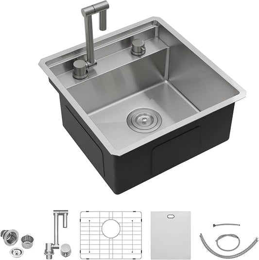 18 Inch Undermount RV Kitchen Sink Workstation - Fulorni 18"x18" Outdoor RV Camper Mobile Wet Bar Prep Sink 16 Gauge 304 Stainless Steel Single Bowl Basin with Foldable Faucet