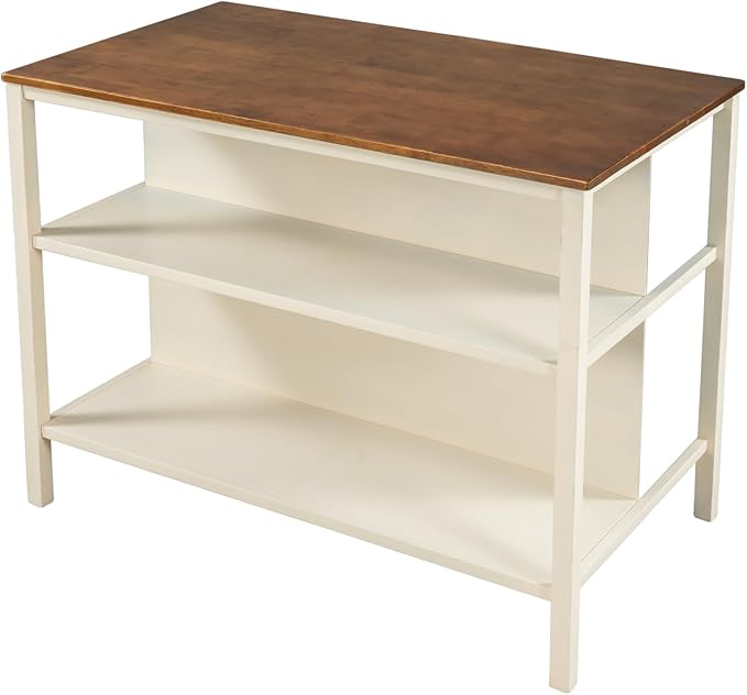 Solid Wood Rustic 45" Stationary Kitchen Island, Rubber Wood Butcher Block Dining Table Prep Table with 2 Open Shelves for Small Places,Walnut+Cream White