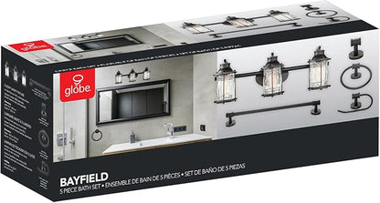 Globe Electric 51549 5-Piece All-in-One Bathroom Set, Oil Rubbed Bronze, 3-Light Vanity Wall Light with Ribbed Seeded Glass Shades, Towel Bar and Ring, Robe Hook, Toilet Paper Holder