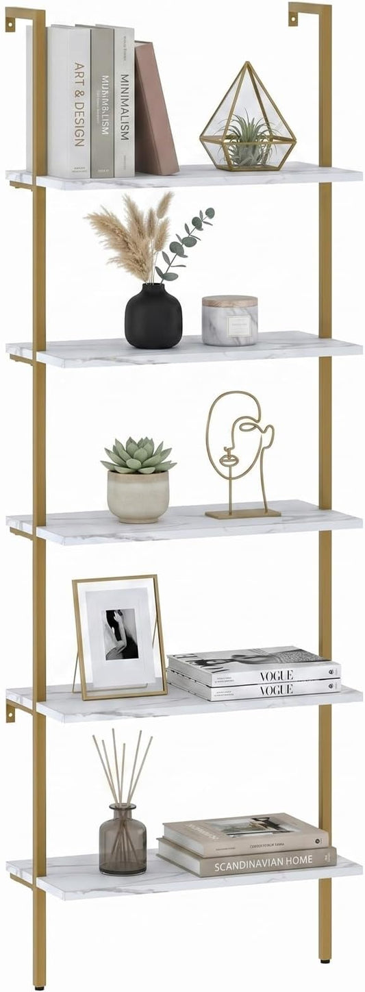 aboxoo Ladder Shelf White Marble Bookshelf 5-Tier Wall-Mounted Wood Rack Industrial Modern Plant Flower Stand Utility Organizer Open Bookcase Metal Frame Furniture Office Kitchen Bedroom