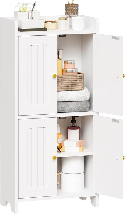 BEWISHOME Small Floor Cabinet, Toilet Paper Storage, Bathroom Storage Cabinet with 4 Doors and Shelves, Bathroom Organizers and Storage for Small Spaces, White 7.9" D x 14.6" W x 31" H YYG11W