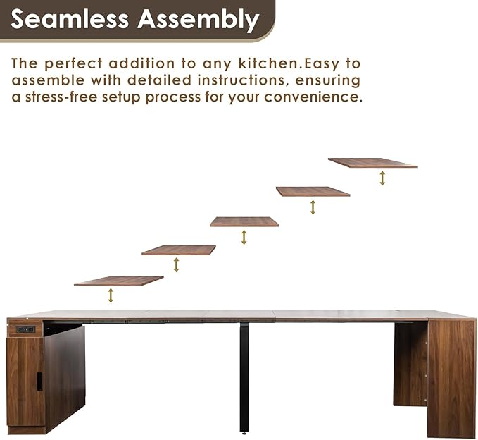 Extendable Dining Table with Storage, Transformer Console Table for 1-12 People, Space Saving Dining Room Table with Built-in Outlet for Homes, Apartments, Walnut