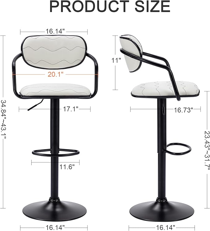 VECELO Bar Stools Set of 2, Adjustable Counter Height Barstools with Back and Arm, Swivel Bar Chairs/PU Leather Kitchen Island Stools for Pub/Dining Room/Living Room, White