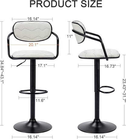 VECELO Bar Stools Set of 2, Adjustable Counter Height Barstools with Back and Arm, Swivel Bar Chairs/PU Leather Kitchen Island Stools for Pub/Dining Room/Living Room, White