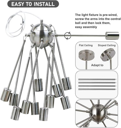 LynPon Brushed Nickel Sputnik Chandelier, 12 Lights Plating Silver Chandeliers Sputnik Light Fixture Modern Ceiling Light Mid Century Lighting for Dining Room Living Room Kitchen Foyer Bedroom