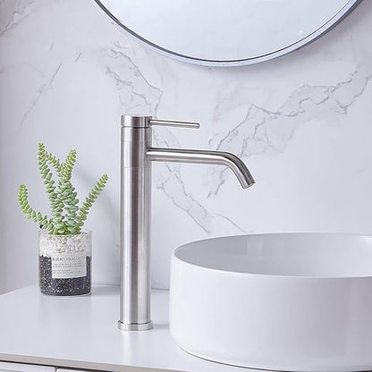 Hotis Vessel Sink Faucet Brushed Nickel, Stainless Steel Tall Bathroom Faucet with 360° Swivel Spout, Single Handle 1 Hole Bathroom Faucets with Supply Lines and Pop Up Drain, HT-TX110788L-New