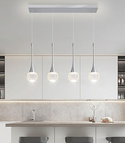 Rectangular Crystal Pendant Light for Kitchen Island 4 Light Dimmable Crystal Chandelier Lighting Fixtures with Remote for Dining Room Living Room Silver