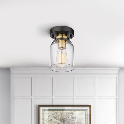 zeyu 2 Pack Farmhouse Ceiling Lights, Small Semi Flush Mount Light Fixtures with Clear Glass Shade for Kitchen Hallway Laundry Room, Black and Gold Finish, ZG33F-2 BK+BG