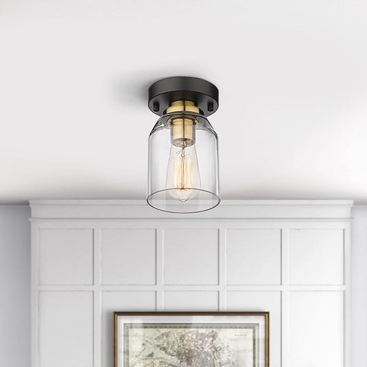zeyu 2 Pack Farmhouse Ceiling Lights, Small Semi Flush Mount Light Fixtures with Clear Glass Shade for Kitchen Hallway Laundry Room, Black and Gold Finish, ZG33F-2 BK+BG