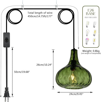 Vintage Plug in Pendant Light Fixture Mid-Century Modern Pendant Lamp with 14.7 ft Cord Hammered Green Glass Globe Shade Retro Plug in Hanging Light for Bedroom Living Room