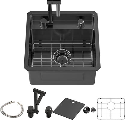 Sarlai Black Undermount Bar Sink With Foldable Faucet - 18x18 Inch Outdoor Black Kitchen Sink RV Workstation 16 Gauge Stainless Steel Single Bowl Handmade Outdoor BBQ Sinks with Lid