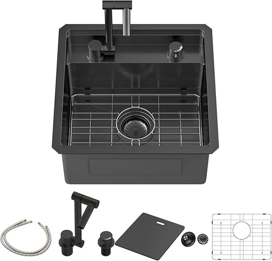 Sarlai Black Undermount Bar Sink With Foldable Faucet - 18x18 Inch Outdoor Black Kitchen Sink RV Workstation 16 Gauge Stainless Steel Single Bowl Handmade Outdoor BBQ Sinks with Lid