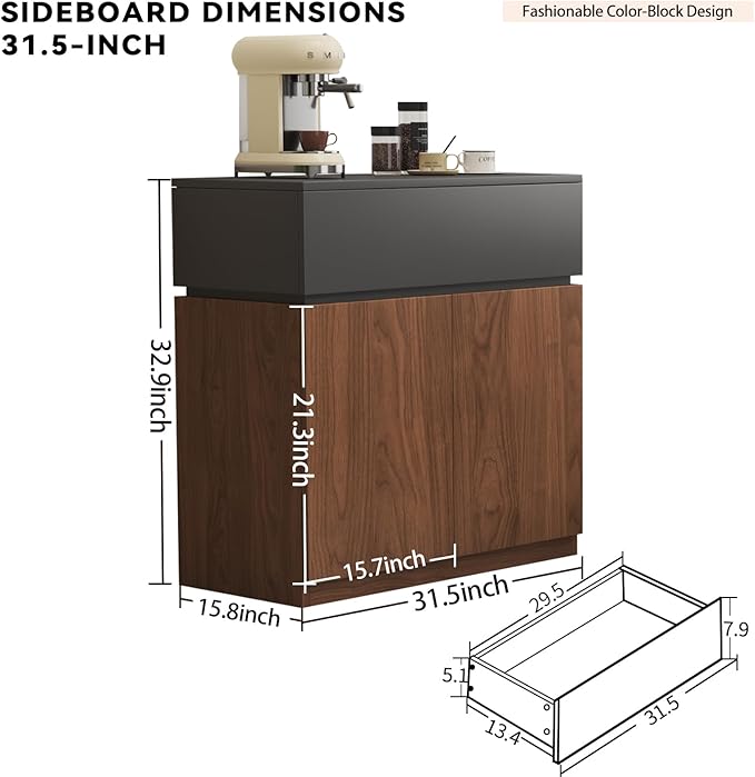 31.5"Buffet Cabinet with Drawers & Door, Modular Stackable Sideboard Coffee Bar Cabinet with Adjustable Shelves, Matte Gray Walnut Storage Accent Credenza for Living/Dining Room Kitchen Hallway