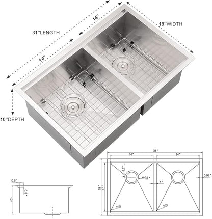 31 Undermount Kitchen Sink Double Bowl-iAnomla 31 x19 Inch Stainless Steel Undermount Sink Workstation 16 Gauge 50/50 Low Divide Double Bowl Kitchen Sinks with Cutting Board