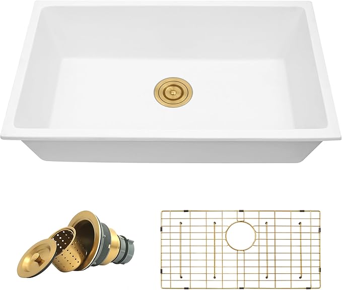 Rhbamoa White Kitchen Sink Granite Composite,31 inch White Undermount Sink,Deep Single Bowl Kitchen Sinks, 31''x18'' Large Quartz Sinks with Accessories