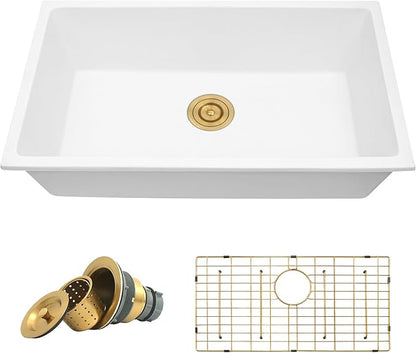 Rhbamoa White Kitchen Sink Granite Composite,31 inch White Undermount Sink,Deep Single Bowl Kitchen Sinks, 31''x18'' Large Quartz Sinks with Accessories