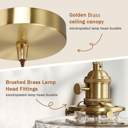 Glass Hanging Lights One-Light Vintage Pendant Light Fixtures Clear Striped Glass Shade Mid Century Modern Pendant Light Gold Brass Light Fixture Adjustable Cord for Dining Room Hallway