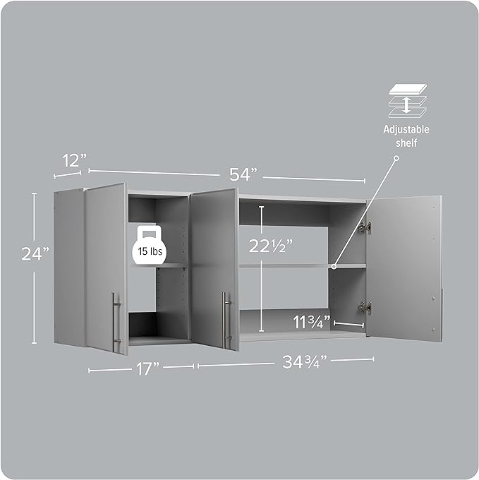 Prepac Elite 54" Wall Cabinet, Light Gray Storage Cabinet with 2 Adjustable Shelves, Storage for Pantry, Kitchen and Bathroom 12" D x 54" W x 24" H