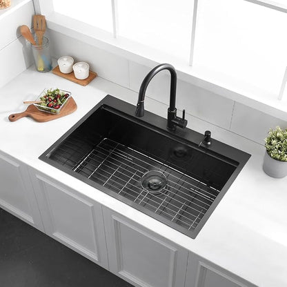 33 Drop In Black Workstation Kitchen Sink, Luckyhorse 33x22 Inches 16 Gauge Nano Black Stainless Steel Sink Topmount Workstation Single Bowl Kitchen Sink LH007SB