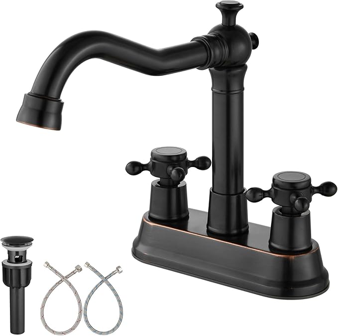 Aolemi 4 Inch Centerset Bathroom Sink Faucet Vintage 2 Cross Handle RV Mixer Tap Basin Vanity Lavatory Utility for Sink 3 Hole Include Hoses Pop Up Drain Faucet Handle Without Label Oil Rubbed Bronze