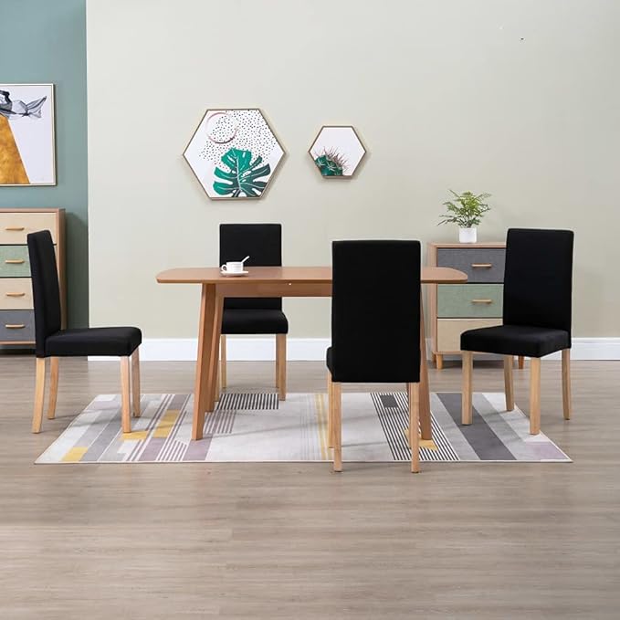 Dining Chair Set of 4 Black Fabric and Rubber Wood Ergonomic Chairs for Kitchen Dining Room and Living Room