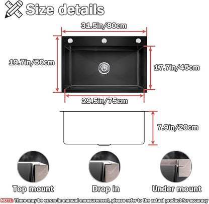 31.5 * 19.7in Drop In Kitchen Sink,Black Stainless Steel Single Bowl Sink,Topmount Workstation Sink With Pull Out Faucet,Soap Dispenser And Drain Basket