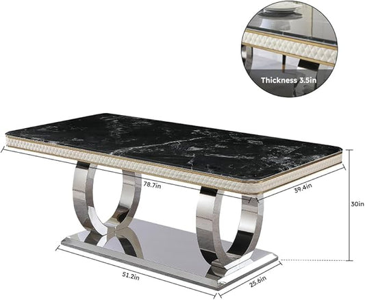 Modern Rectangular Dining Table for 6-8, Luxury Sintered Stone Kitchen Table with Heavy-Duty Double Circle Stainless Steel Base, Heat-Resistant Furniture for Dining Room (Table+4 Chairs)