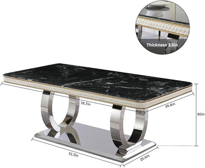 Modern Rectangular Dining Table for 6-8, Luxury Sintered Stone Kitchen Table with Heavy-Duty Double Circle Stainless Steel Base, Heat-Resistant Furniture for Dining Room (Table)