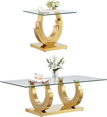 HomVent Glass Coffee Table Set, End Tables Living Room Set of 2, 2 Piece Modern Gold Tempered Glass Top Side Tables Bedroom Set of 2, Rectangle Dinner Center Bedside Sets for Living Room Bedroom